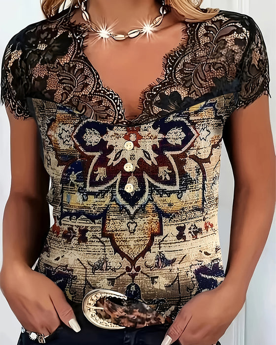Retro Blouse Met V-Hals En Kantrand