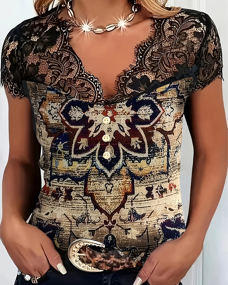Retro Blouse Met V-Hals En Kantrand