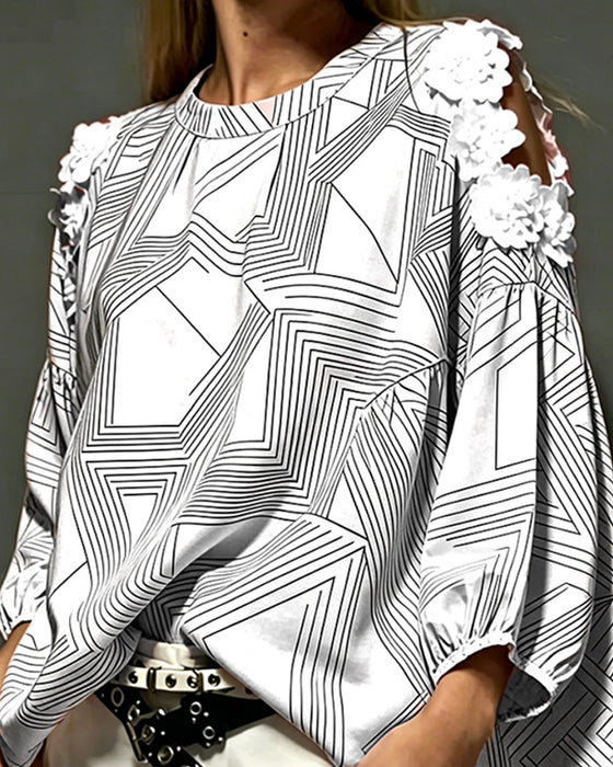 Blouse Ronde Hals Off-Schouder Geometrisch Los