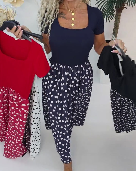 Jurk Vierkante Hals Polka Dot Patchwork