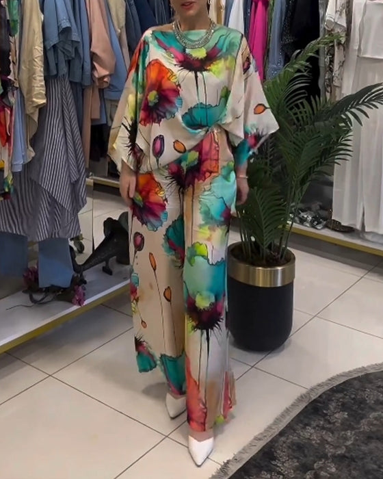 Set met driekwart mouwen met lotusprint en één schouder