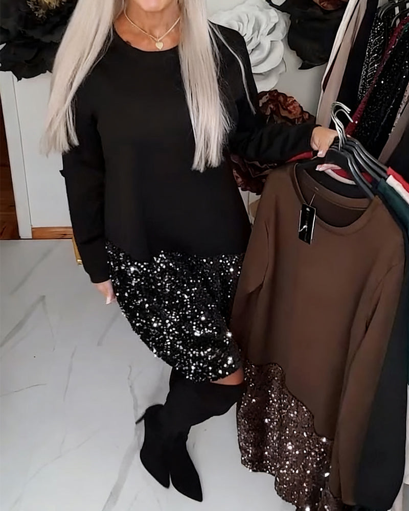 Jurk Ronde Hals Lange Mouwen Met Pailletten Patchwork