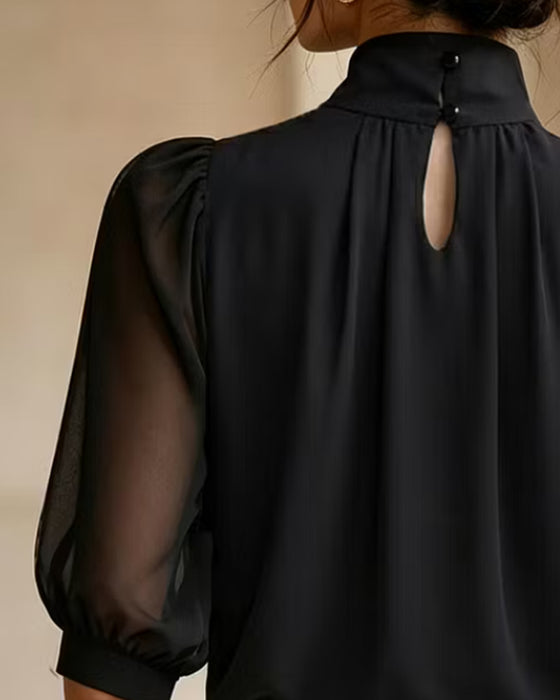 Blouse Hoge Hals Pofmouw Ellebooglang Chiffon