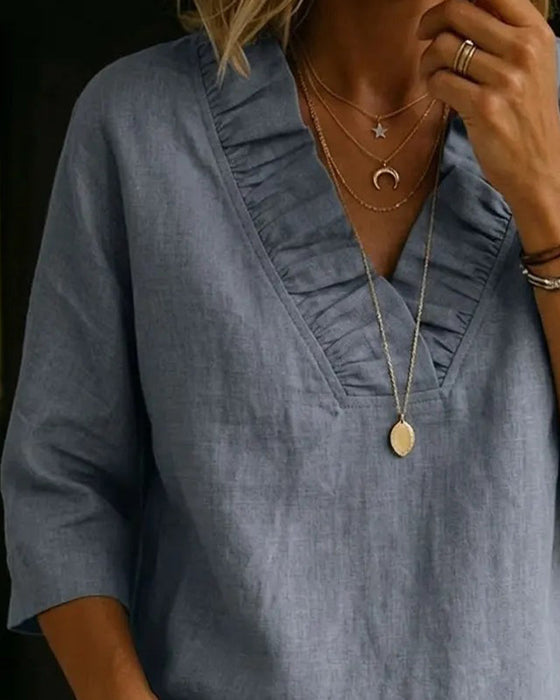 Blouse 100% Katoen Frons V-hals Driekwart Mouw