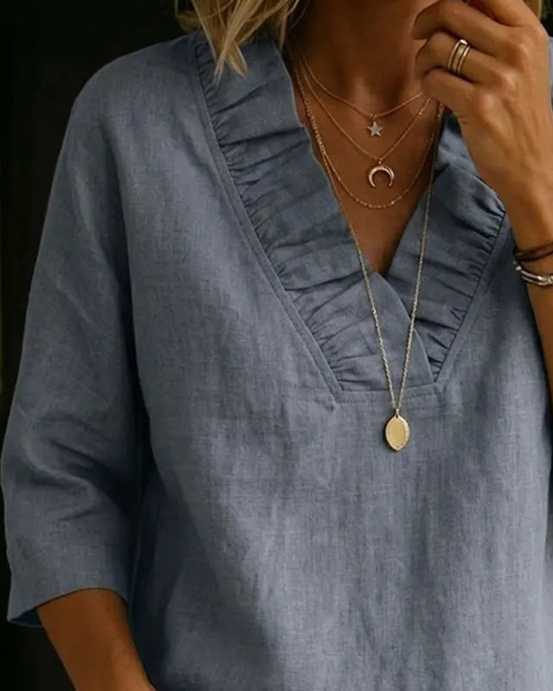 Blouse 100% Katoen Frons V-hals Driekwart Mouw