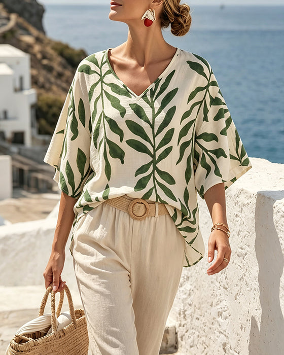 Blouse V-Hals Half Mouw Bladprint