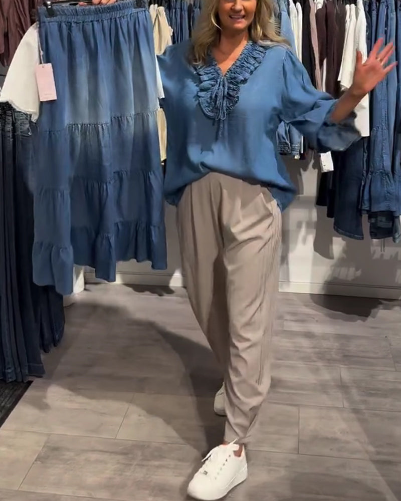 Blouse Ruche Rand Strik Denim