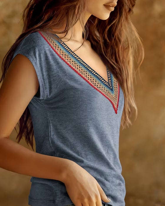 T-Shirt Patchwork V-Hals Kant Contrast