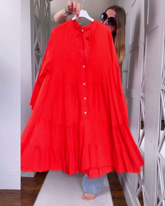 Effen kleur uitlopende patchworkjurk met lange mouwen en V-hals