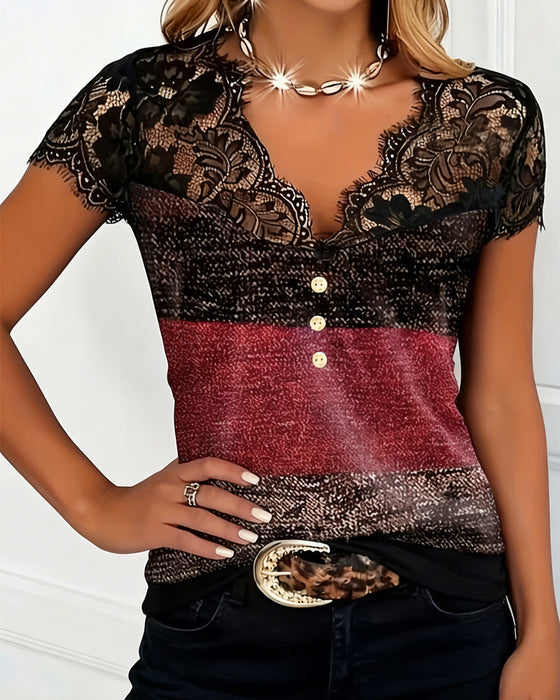T-Shirt V-Hals Kant Patchwork Contrastkleur