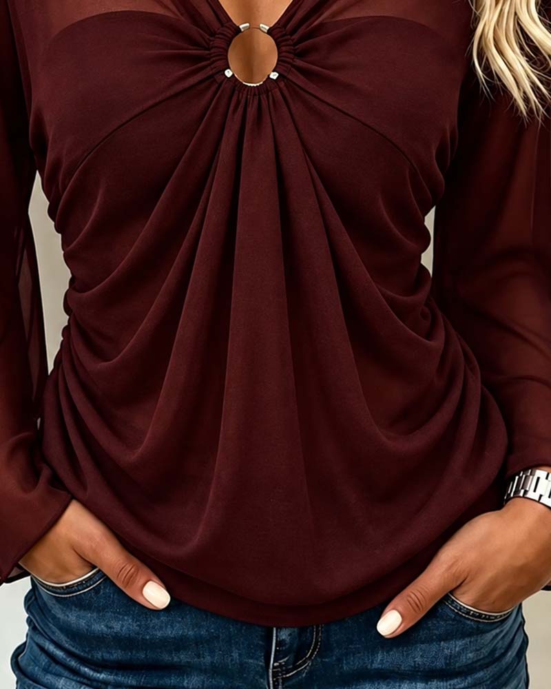 Blouse V-Hals Metalen Ring Twist