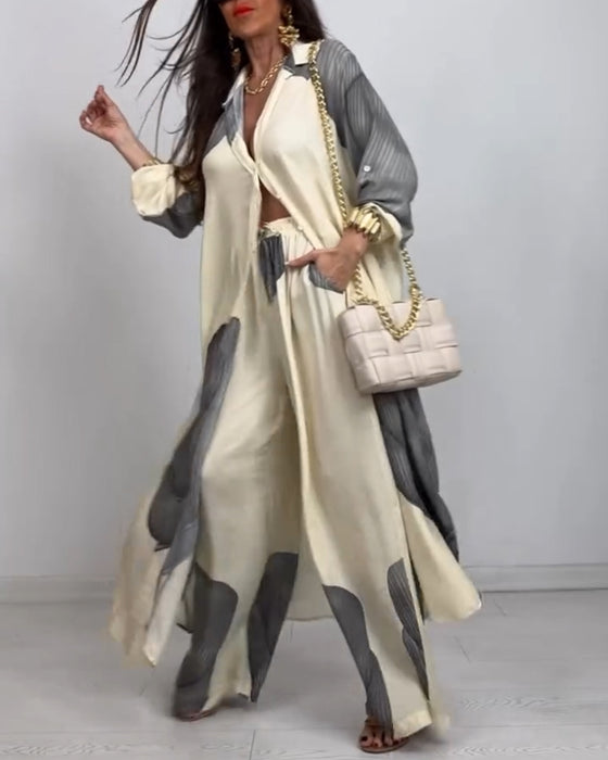 Pak Revers Knop Kleurblok Gestreepte Rechte Broek