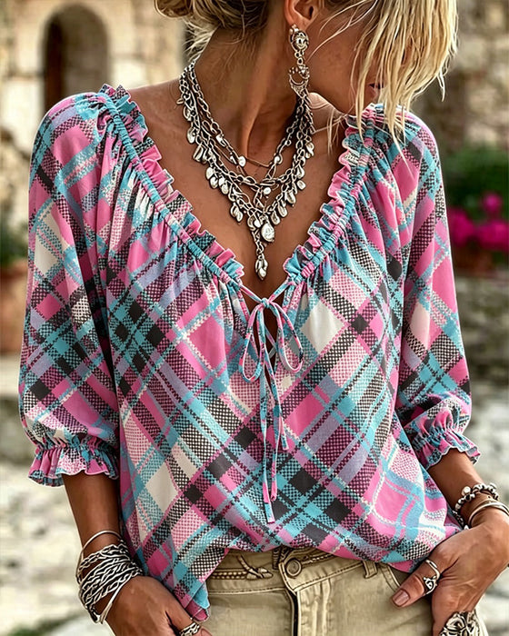 Blouse Ruis Afwerking Strik Voor Geruit