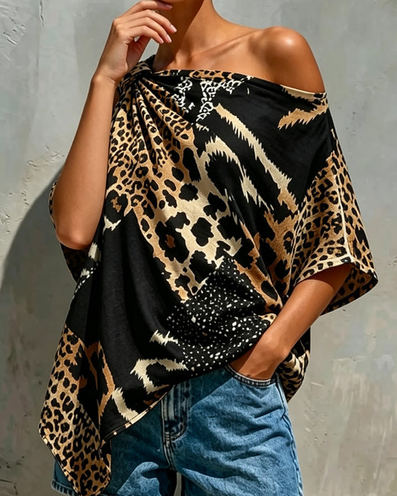 Blouse Luipaardprint Patchwork Een Schouder