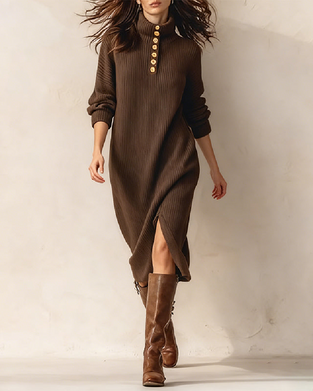 Jurk Met Hoge Kraag Ontwerp, Knop Detail En Gescleten Onderkant