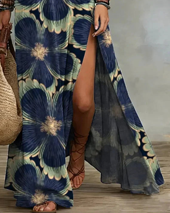 Jurk Bloemenprint Halsband Mouwloos Split Lang