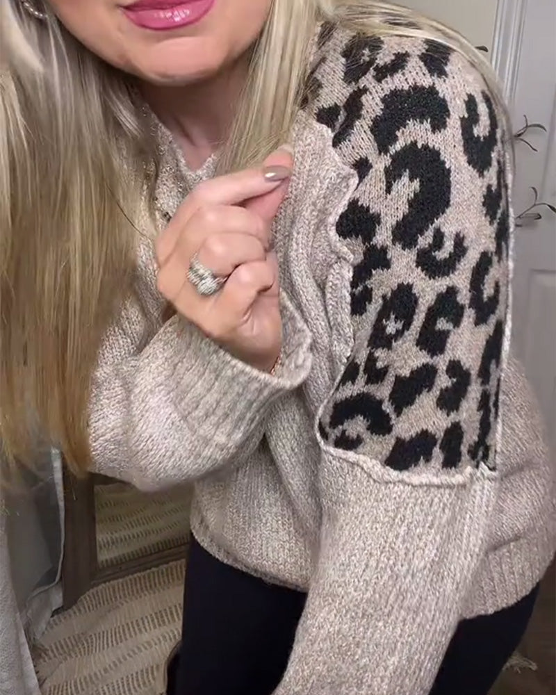 Trui casual ronde hals luipaardprint patchwork