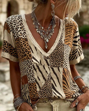 T-Shirt Dierenprint Patchwork V-Hals Korte Mouw