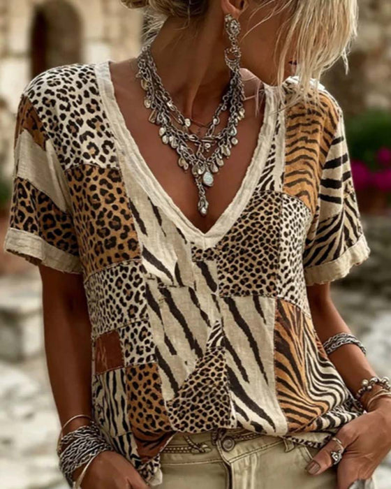 T-Shirt Dierenprint Patchwork V-Hals Korte Mouw