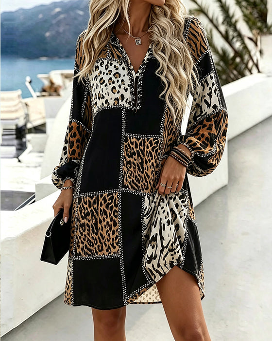 Jurk V-Hals Luipaard Print Puff Mouw Contrast