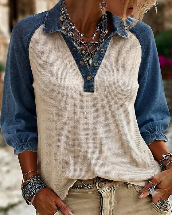 Blouse V-Hals Wafel Textuur Contrast Denim