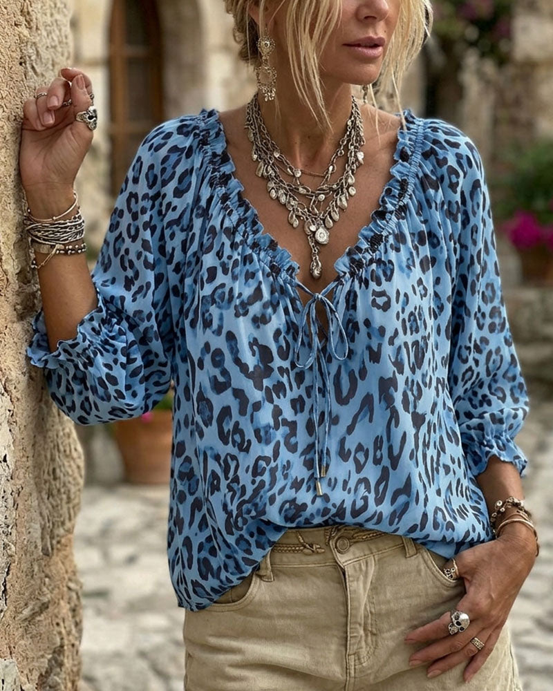 Blouse Luipaardprint V-Hals Pofmouw Vetersluiting
