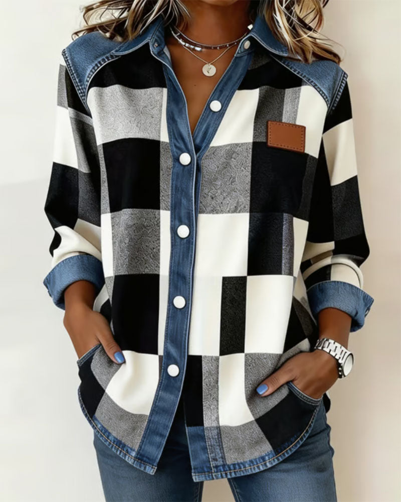 Overhemd Geruit Kleurblok Denim Patchwork