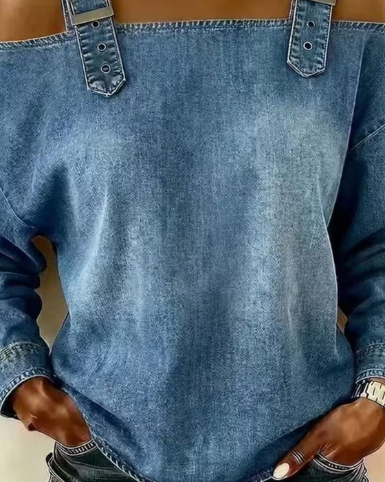 Blouse Spaghettiband Off-Shoulder Denim Metalen Knoop