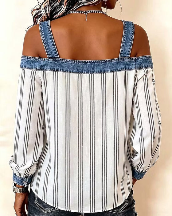 Blouse Denim Off-Schouder Streep Paneel