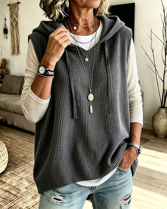 Tanktop Met Capuchon Geribbeld Trekkoord Pullover