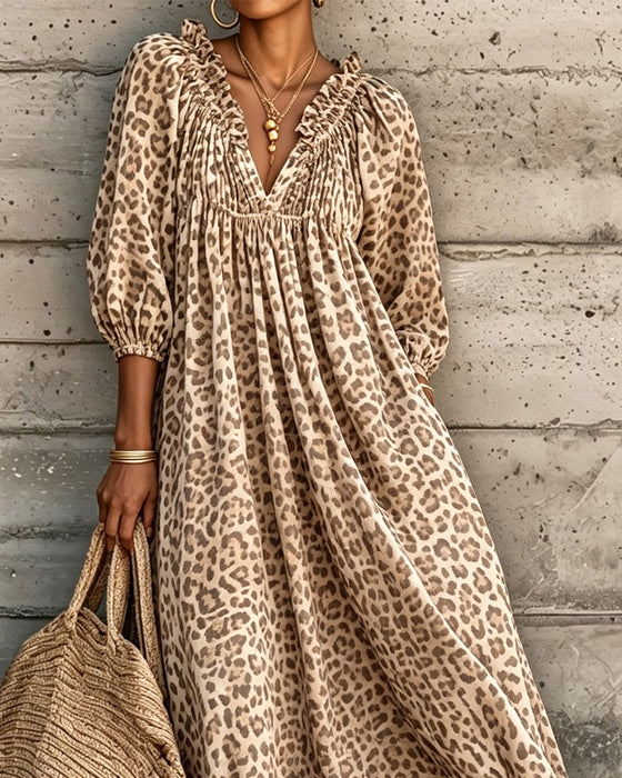 Jurk Luipaard Print V-Hals Poef Mouw