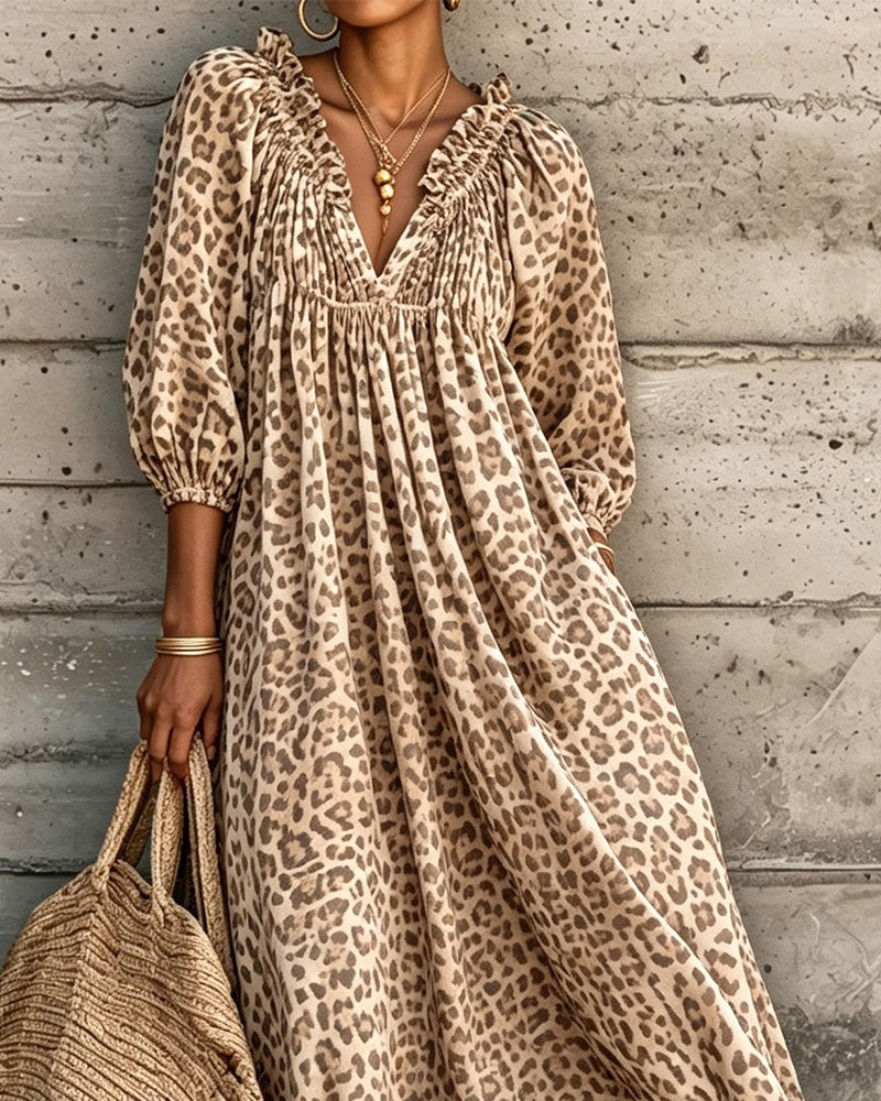 Jurk Luipaard Print V-Hals Poef Mouw