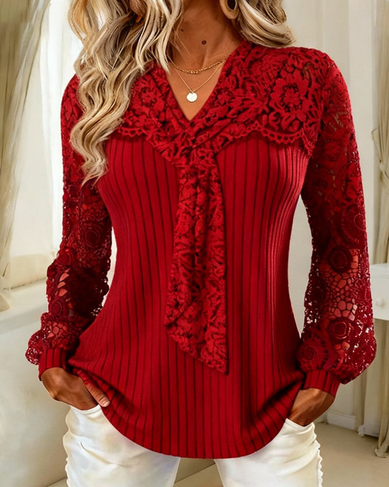 Effen Blouse Met Strikdas En Gestreept Patroon