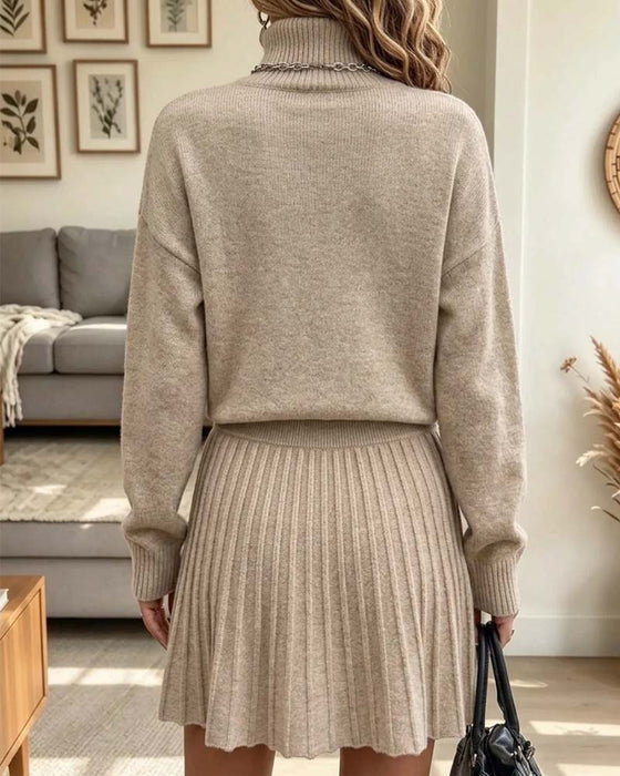 Set Hoge Kraag Pullover Lange Mouw Geplooide Rok