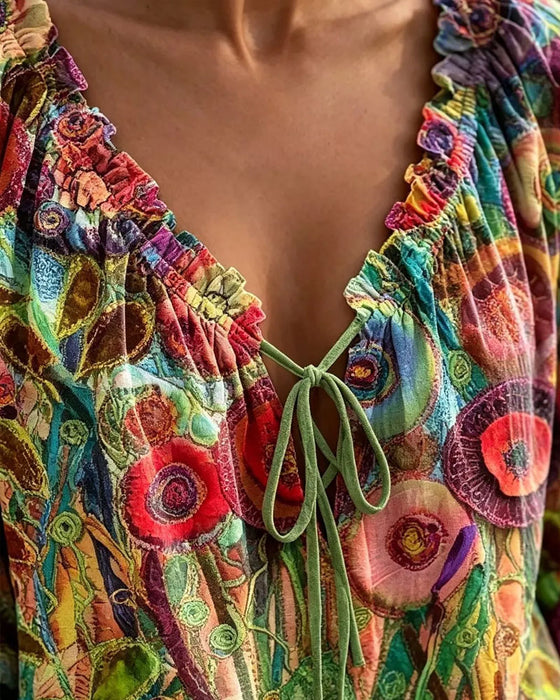 Blouse V-Hals Ruffle Pofmouw Strik