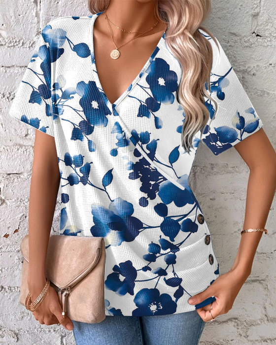 T-shirt V-hals Wafelprint Kruisplooien