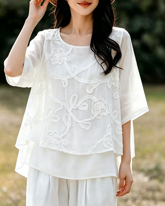 Blouse Effen Kleur Ronde Hals