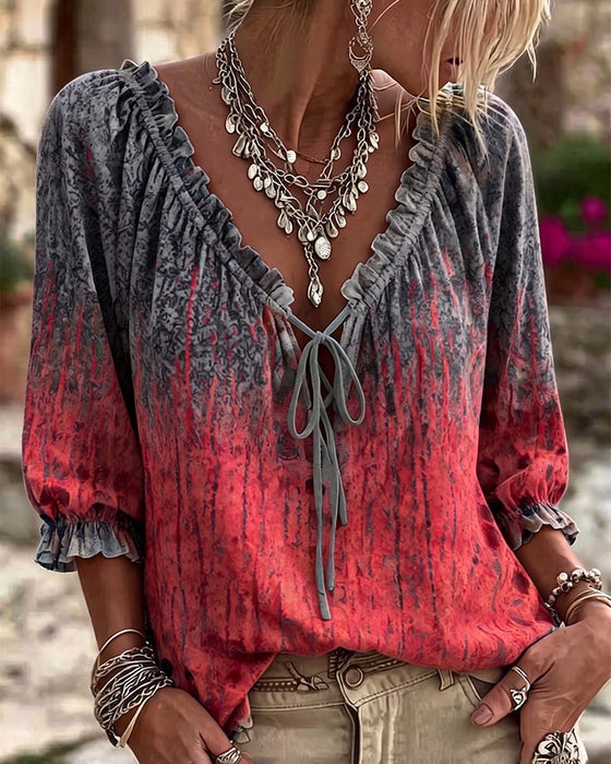 Blouse Gradient Tie-Dye Trekkoord Driekwart Mouw