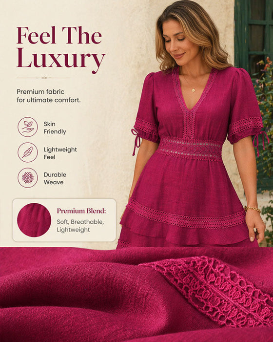 Jurk V-Hals Gelaagd Effen Kant Patchwork