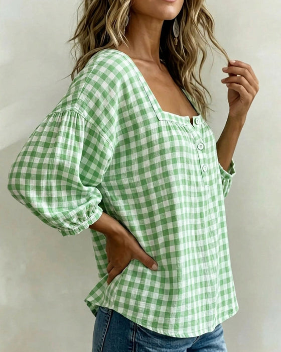 Blouse Vierkante Hals Knoopsluiting Ruit