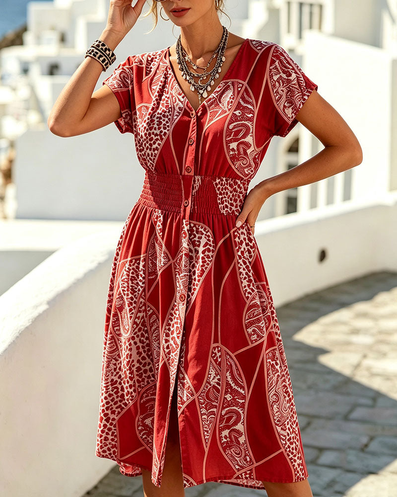 Jurk Luipaardprint V-Hals Knoop Taille