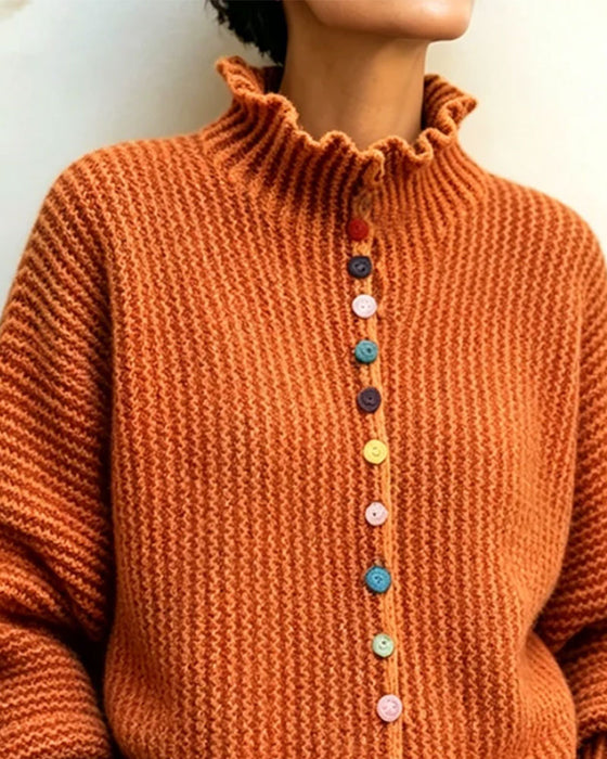Pullover Kleur Knoop Ruffle Rand Gebreid