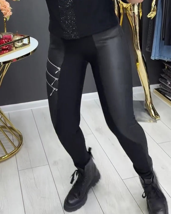 Legging PU Patchwork Rits Versierd