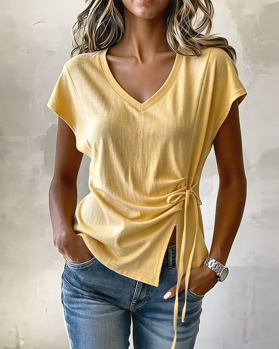 T-Shirt Zijtrekkoord V-Hals Effen