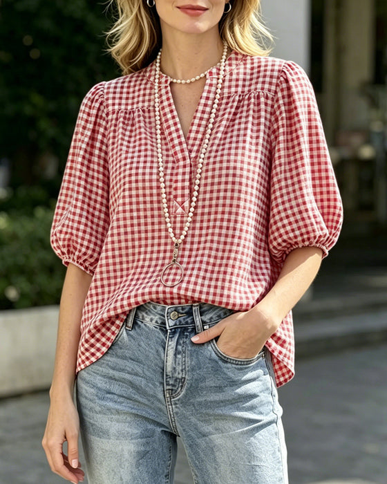 Blouse Ruitprint Pofmouw Korte Mouw