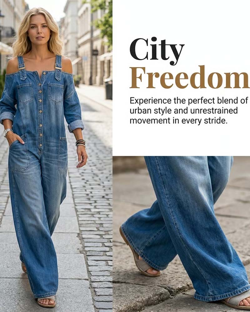 Jumpsuit Spaghettiband Koele Schouder Wijd Been Denim