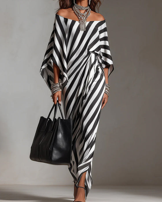 Jurk Off-shoulder Vleermuismouw Streep Lang