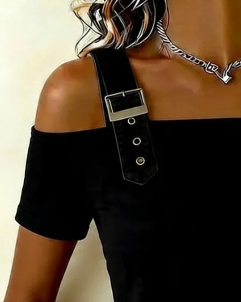 T-Shirt Schuifgesp Off-Shoulder Effen Kleur Ontspannen