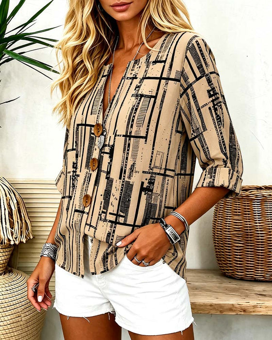 Blouse V-Hals Knoopsluiting Gestreept