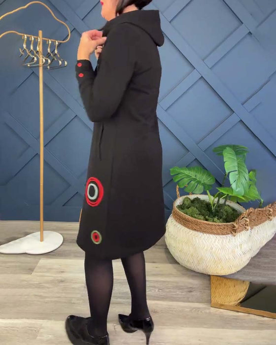 Casual jurk met rits en capuchon en cirkelprint